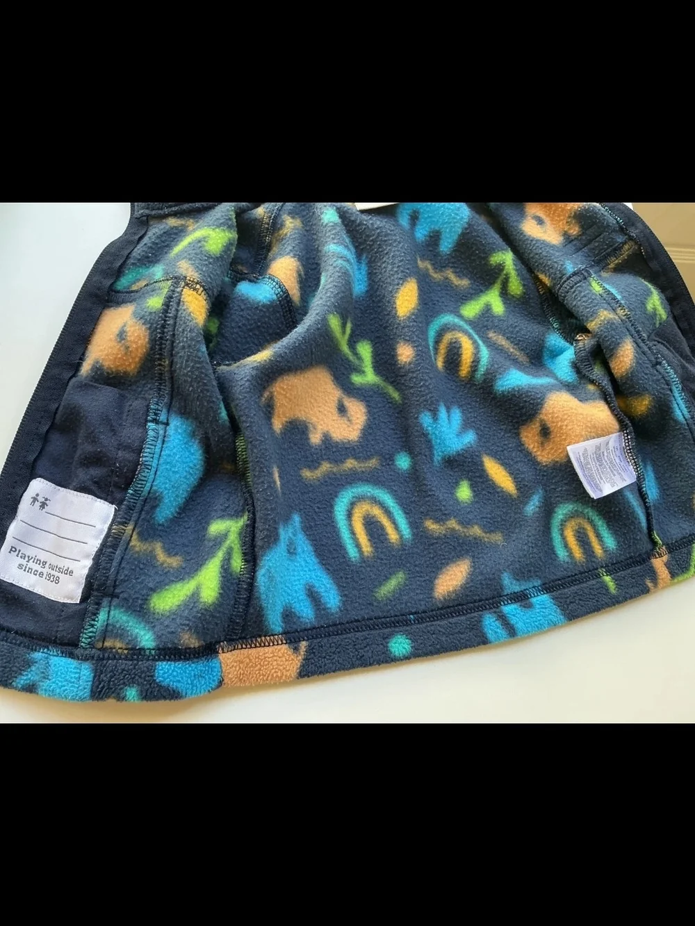 Columbia Navy Fleece Jacket with Blue, Tan & Green Animal Prints